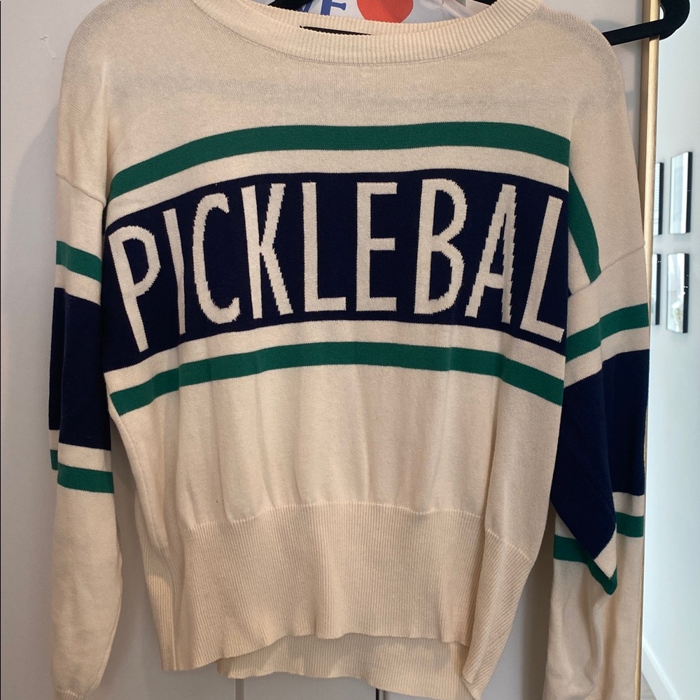 Cream and Green and Navy Pickleball Varsity Sweater - size small